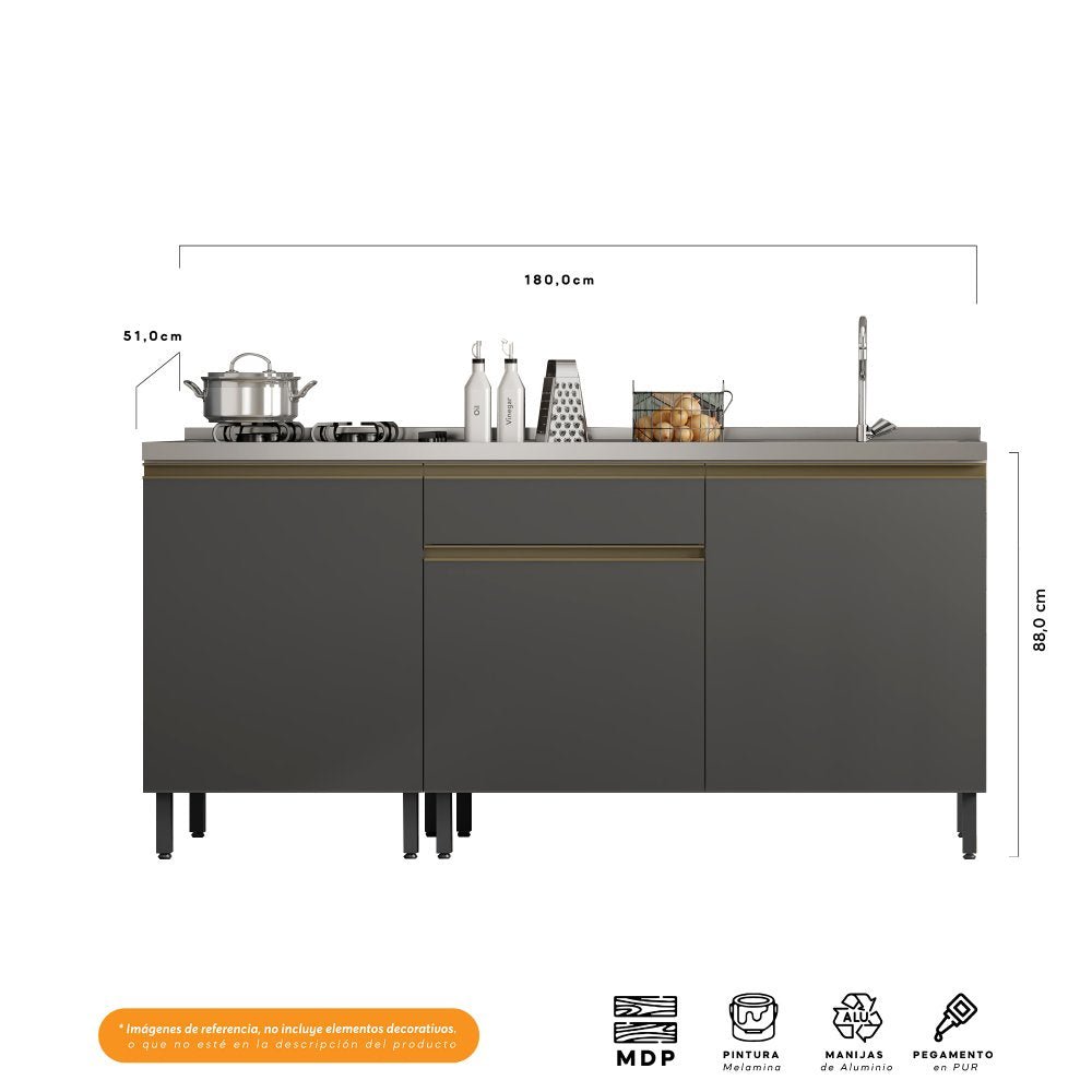 Cocina Integral Santiago Grafito y Blanco 180 cm Derecha con Mesón - Cocinas | Bylmo