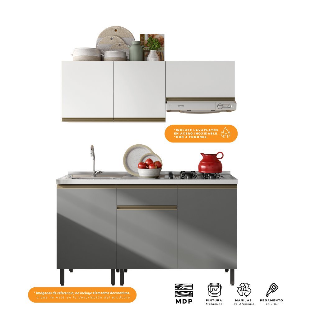 Cocina Integral Santiago Grafito y Blanco 150 cm Izquierda con Mesón - Cocinas | Bylmo
