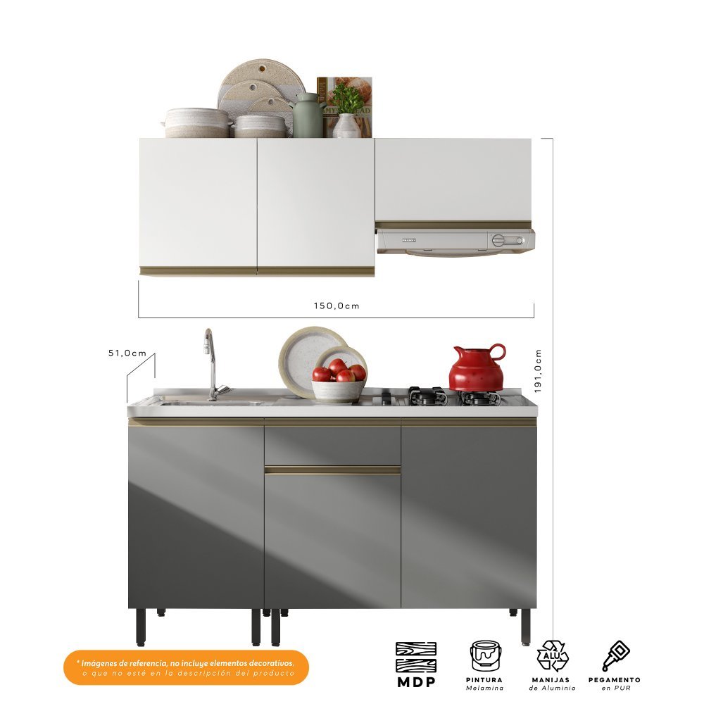 Cocina Integral Santiago Grafito y Blanco 150 cm Izquierda con Mesón - Cocinas | Bylmo