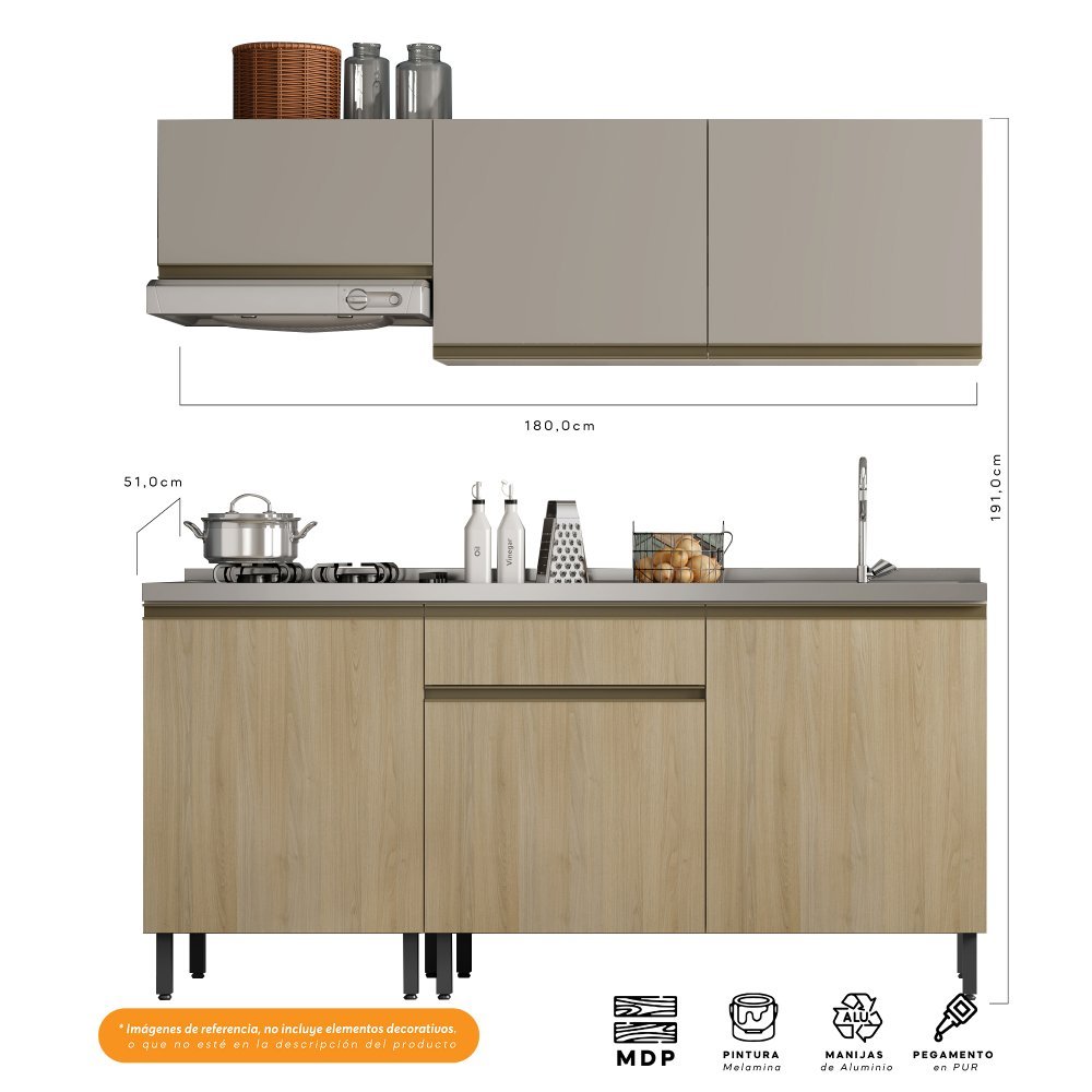 Cocina Integral Santiago Macadamia y Pecan 180 cm Derecha con Mesón - Cocinas | Bylmo