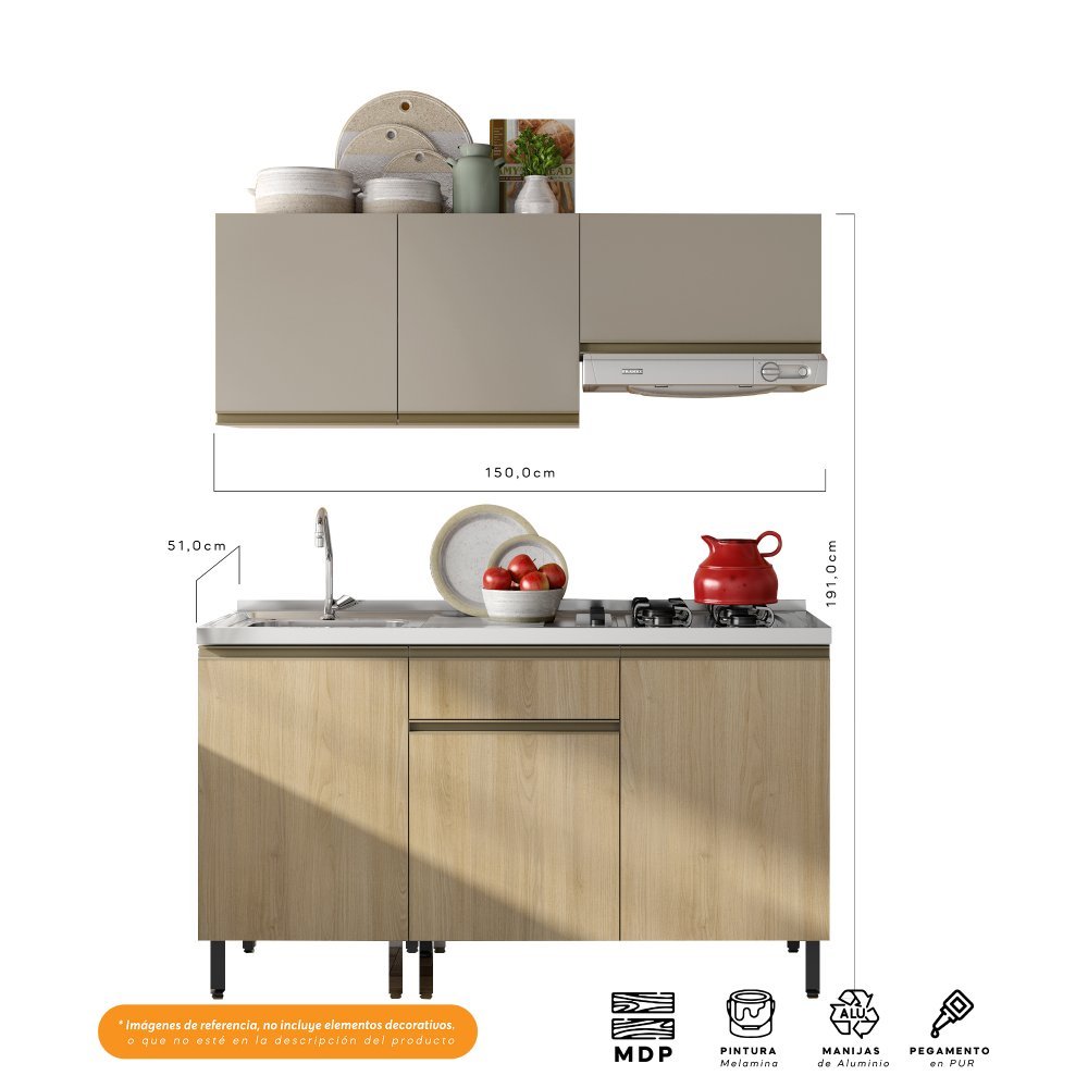 Cocina Integral Santiago Macadamia y Pecan 150 cm Izquierda con Mesón - Cocinas | Bylmo
