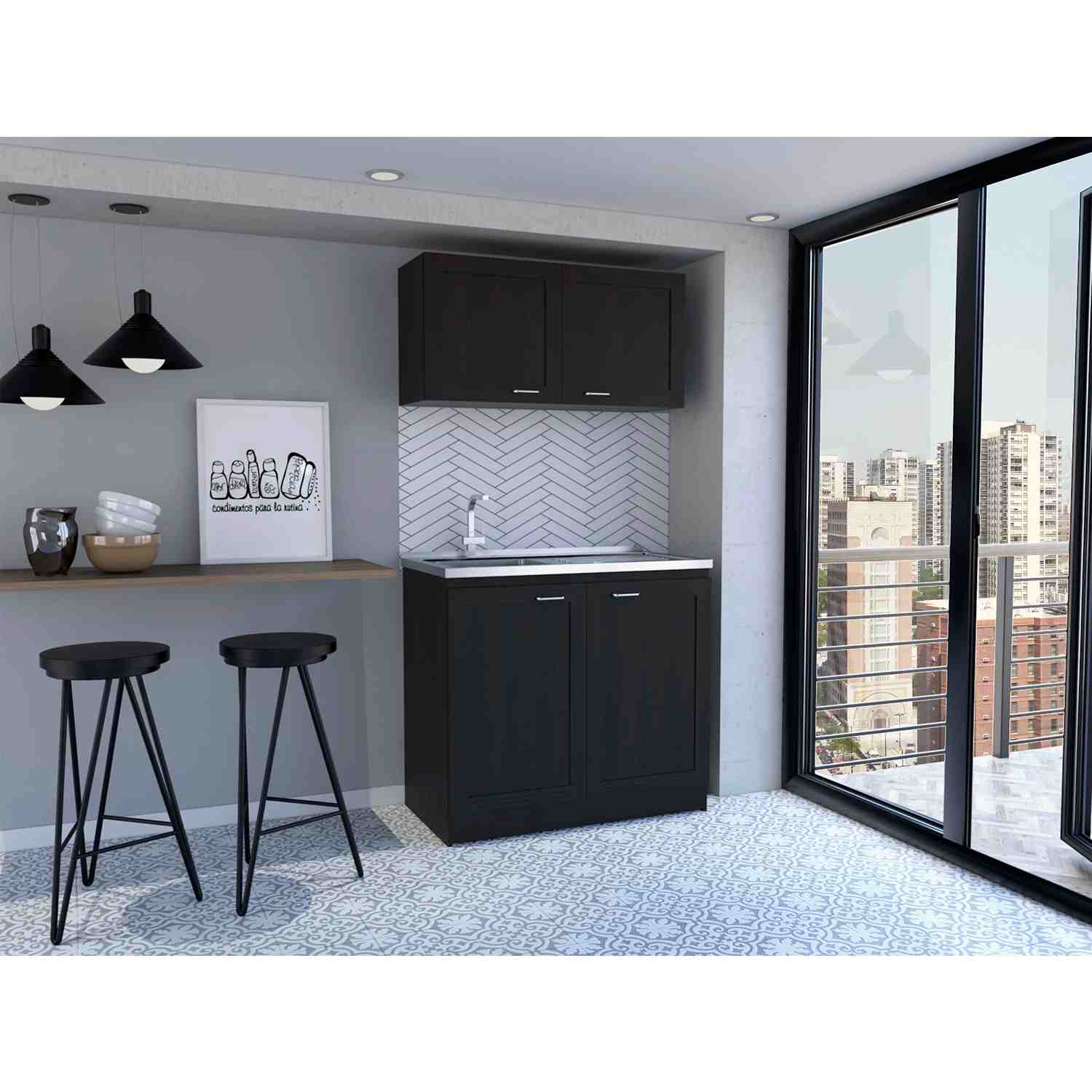 Cocina Zurich Wengue 100 cm Mueble Superior y Mueble Inferior con Mesón y Patas Métalicas - Cocinas | Bylmo