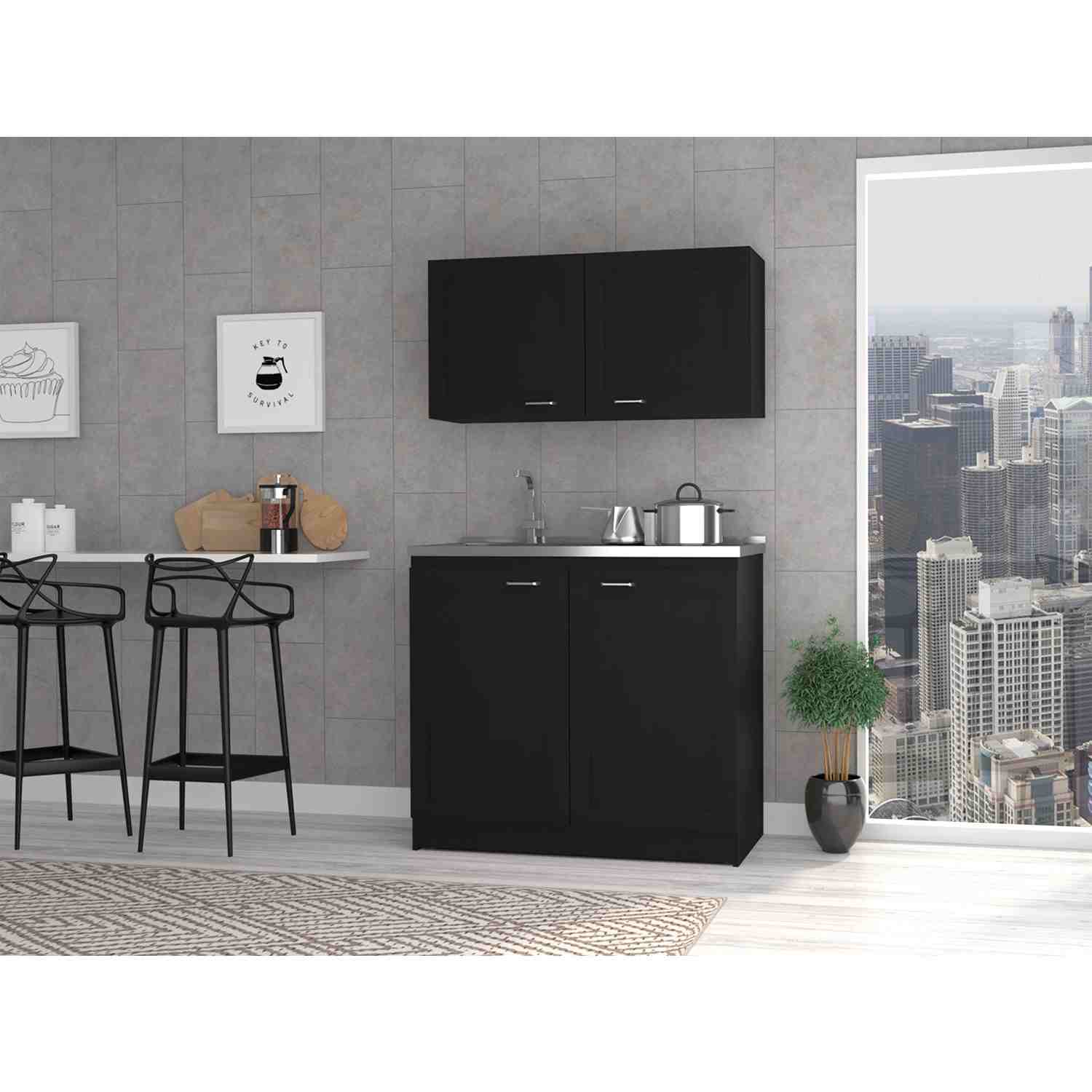 Cocina Zurich Wengue 100 cm Mueble Superior y Mueble Inferior con Mesón y Patas Métalicas - Cocinas | Bylmo