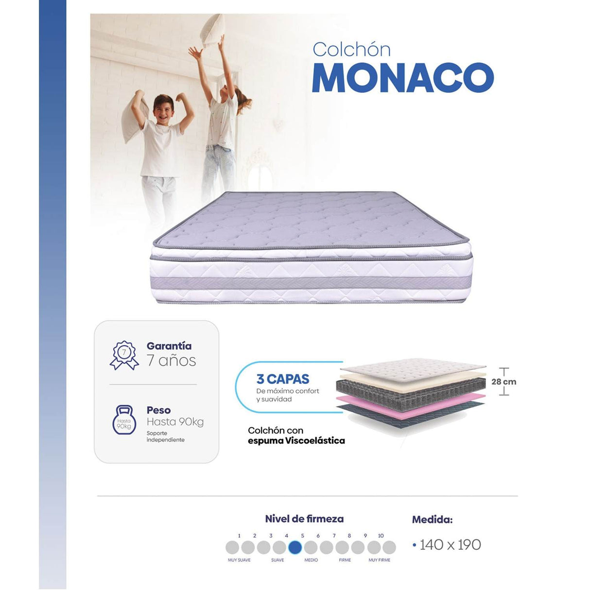 Combo Base Cama y Colchón Mónaco Blanco Doble 140 cm Firmeza Medio - Combos Habitacion | Bylmo
