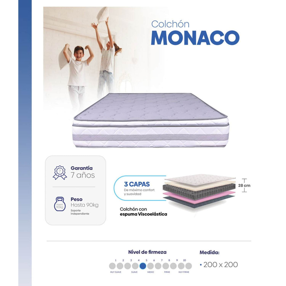 Combo Base Cama y Colchón Mónaco Blanco King 200 cm Firmeza Medio - Combos Habitacion | Bylmo