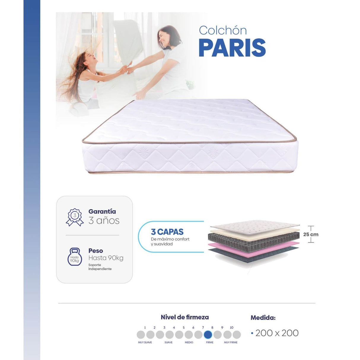 Combo Base Cama y Colchón Paris Blanco King 200 cm Firme - Combos Habitacion | Bylmo
