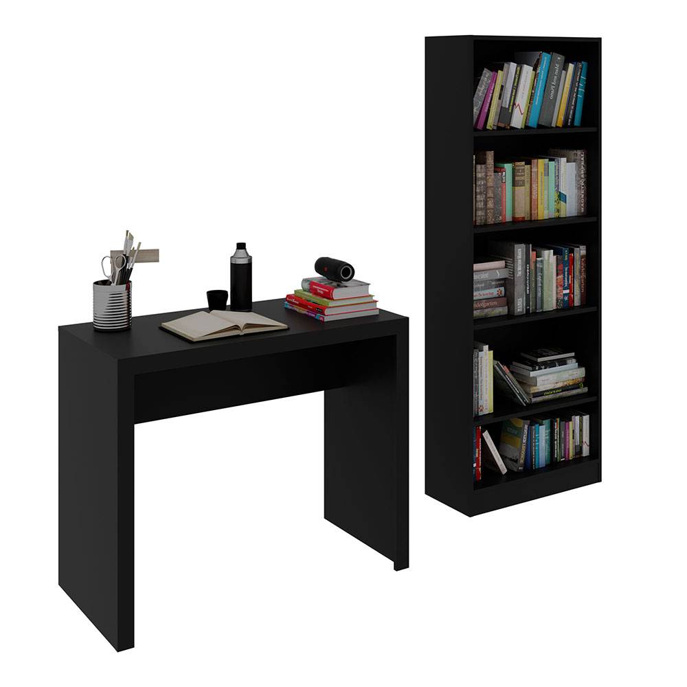 Combo Escritorio y Biblioteca Montecarlo Negro 90 cm con Entrepaños - Escritorios y Archivadores | Bylmo