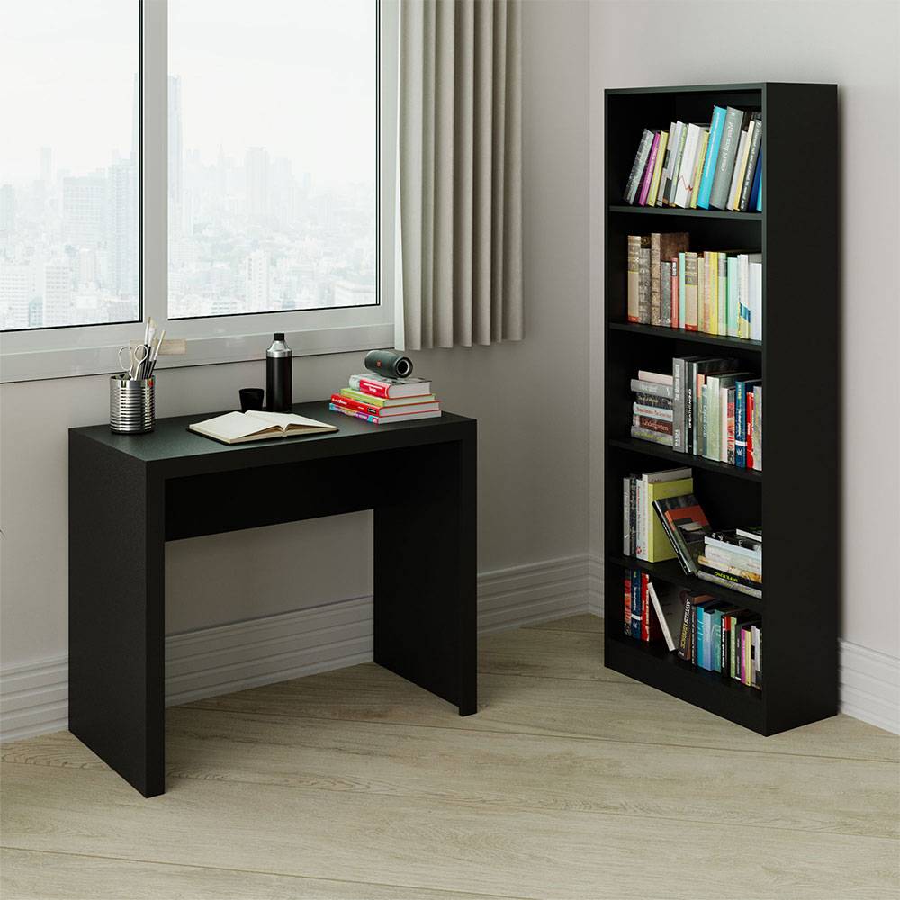 Combo Escritorio y Biblioteca Montecarlo Negro 90 cm con Entrepaños - Escritorios y Archivadores | Bylmo