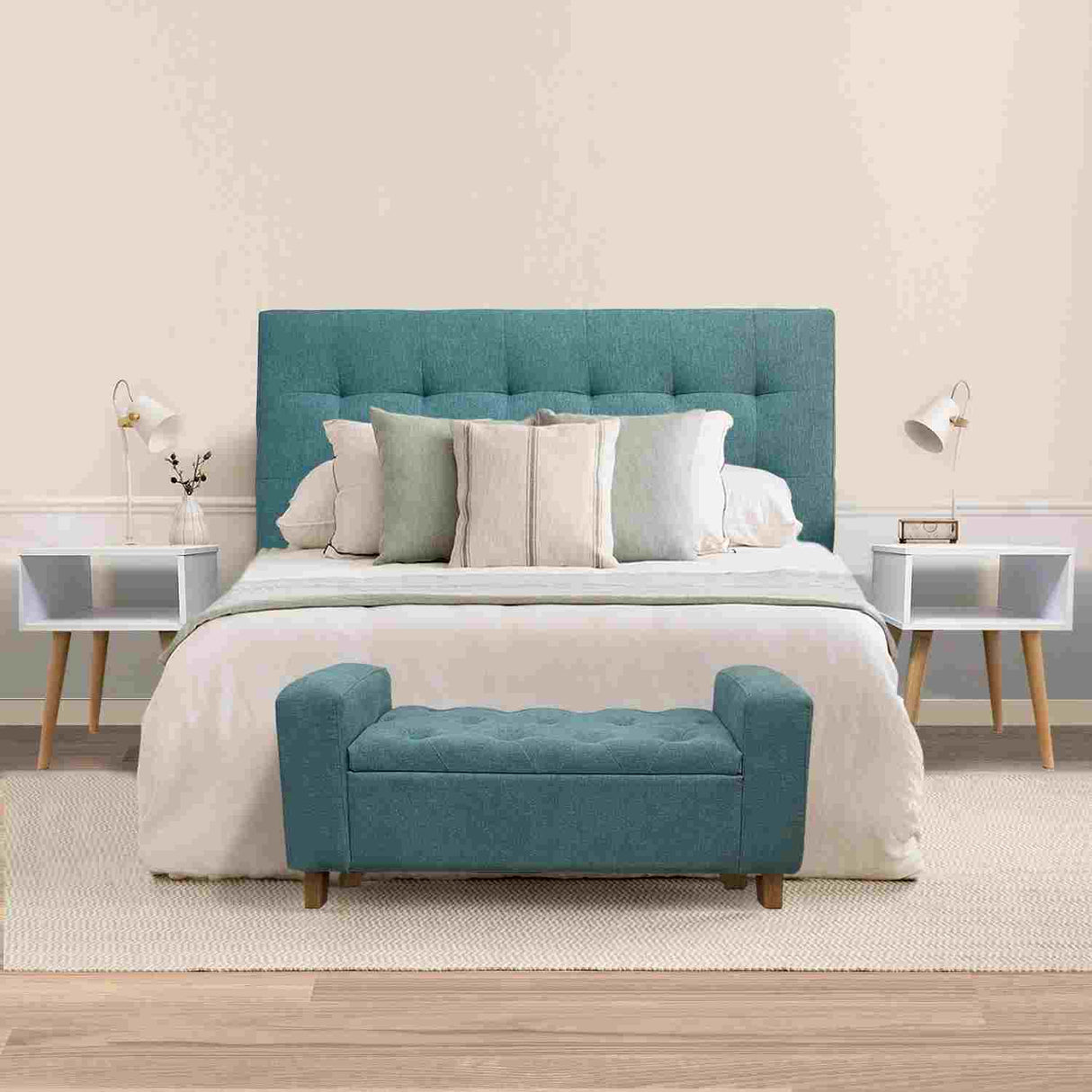 Combo Cabecero Room Verde Menta Doble 140 cm Rectangular con Banqueta Baúl y 2 Mesas de Noche Cuadradas - Combos Habitacion | Bylmo
