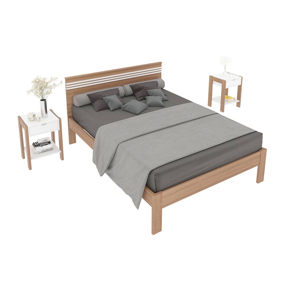 Combo Cama y Mesas de Noche Kaia Doble 140 cm Almendra y Blanco - Camas | Bylmo