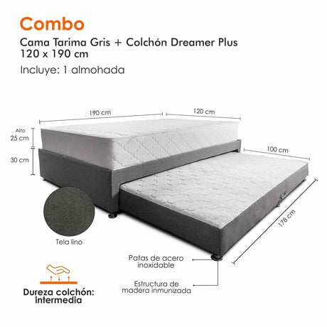 Combo Cama Tarima y Colchón Dreamer Gris Semidoble 120 cm Rectangular con Una Almohada - Combos Habitacion | Bylmo