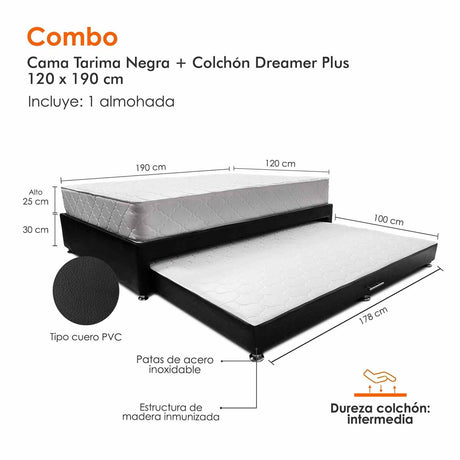 Combo Cama Tarima y Colchón Dreamer Negro Semidoble 120 cm Rectangular con Una Almohada - Combos Habitacion | Bylmo