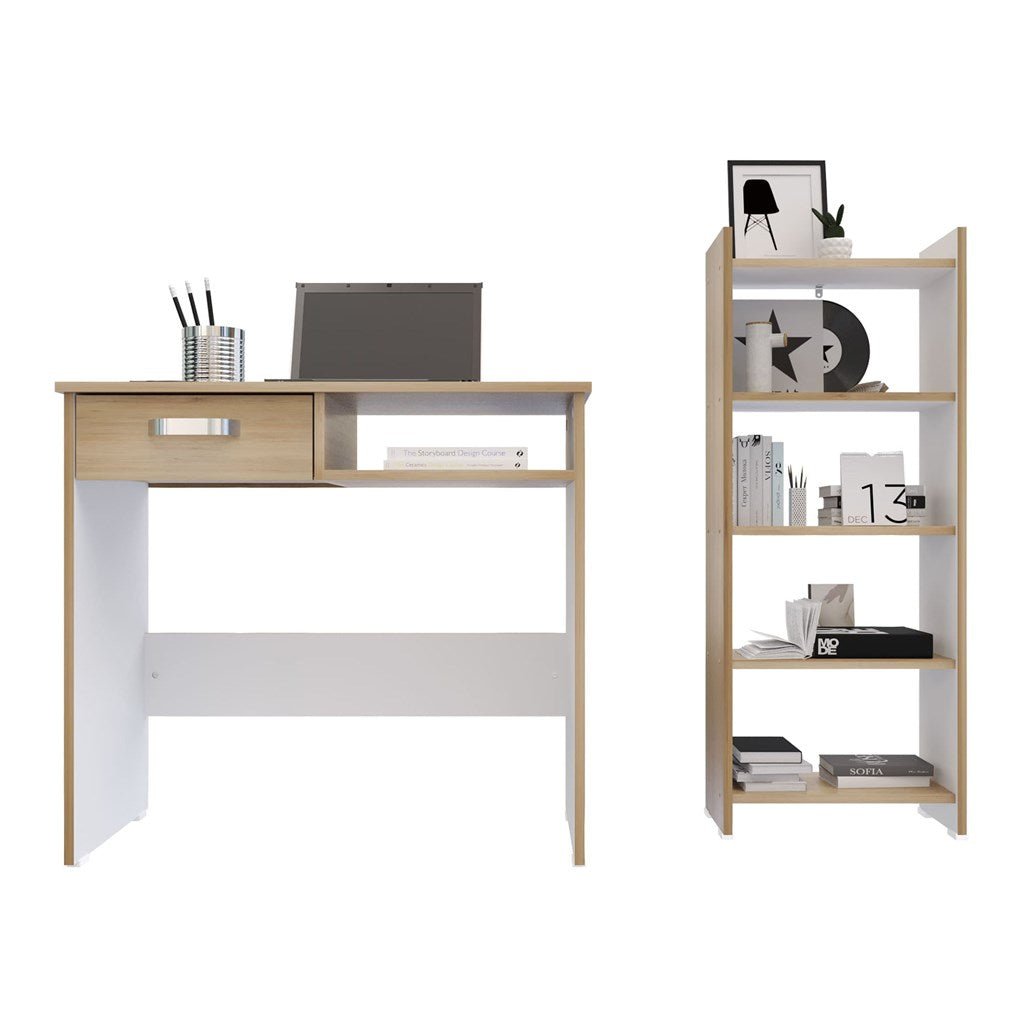 Combo Escritorio y Biblioteca Rovere y Blanco 40x100.8cm Con Un Cajón y con Organizador de Libros - Escritorios y Archivadores | Bylmo