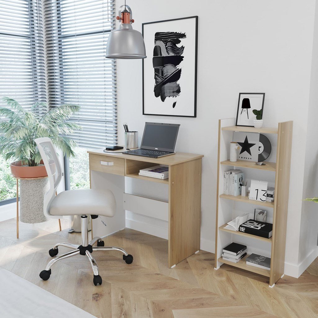 Combo Escritorio y Biblioteca Rovere y Blanco 40x100.8cm Con Un Cajón y con Organizador de Libros - Escritorios y Archivadores | Bylmo