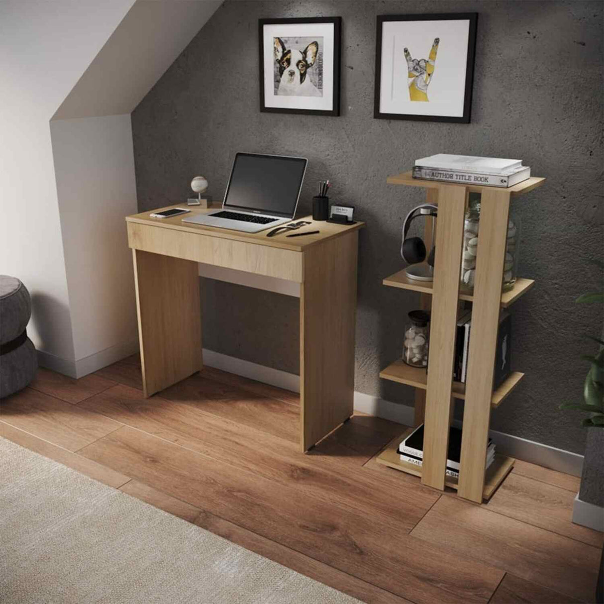 Combo Escritorio y Biblioteca Escrilec Rovere 80 cm con Cajón y Entrepaños - Combos Oficina | Bylmo