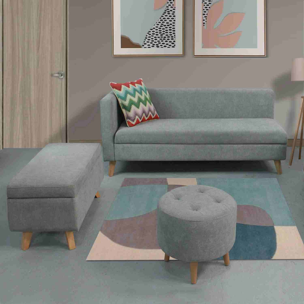 Combo Sofá Baúl Chaise Long Gris 163 cm con Puff y Banqueta Baúl - Combos Sala | Bylmo