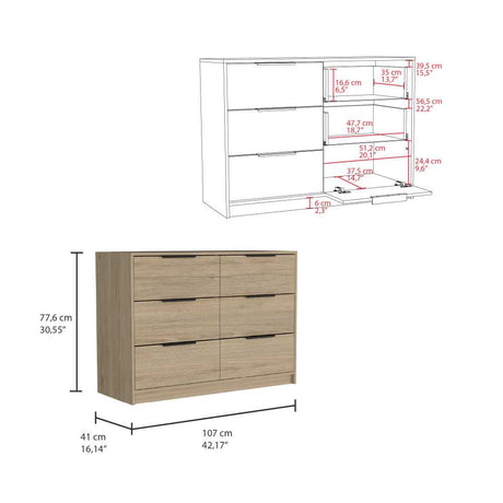 Cómoda Kaia Rovere y Blanco 107x77.6cm De Tres Hileras con Seis Cajones - Cajoneras | Bylmo