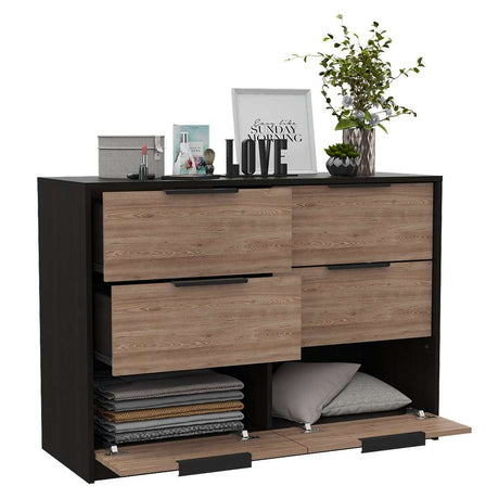 Cómoda Kaia Wengue y Miel 107 cm con Cuatro Cajones y Dos Puertas - Cajoneras | Bylmo