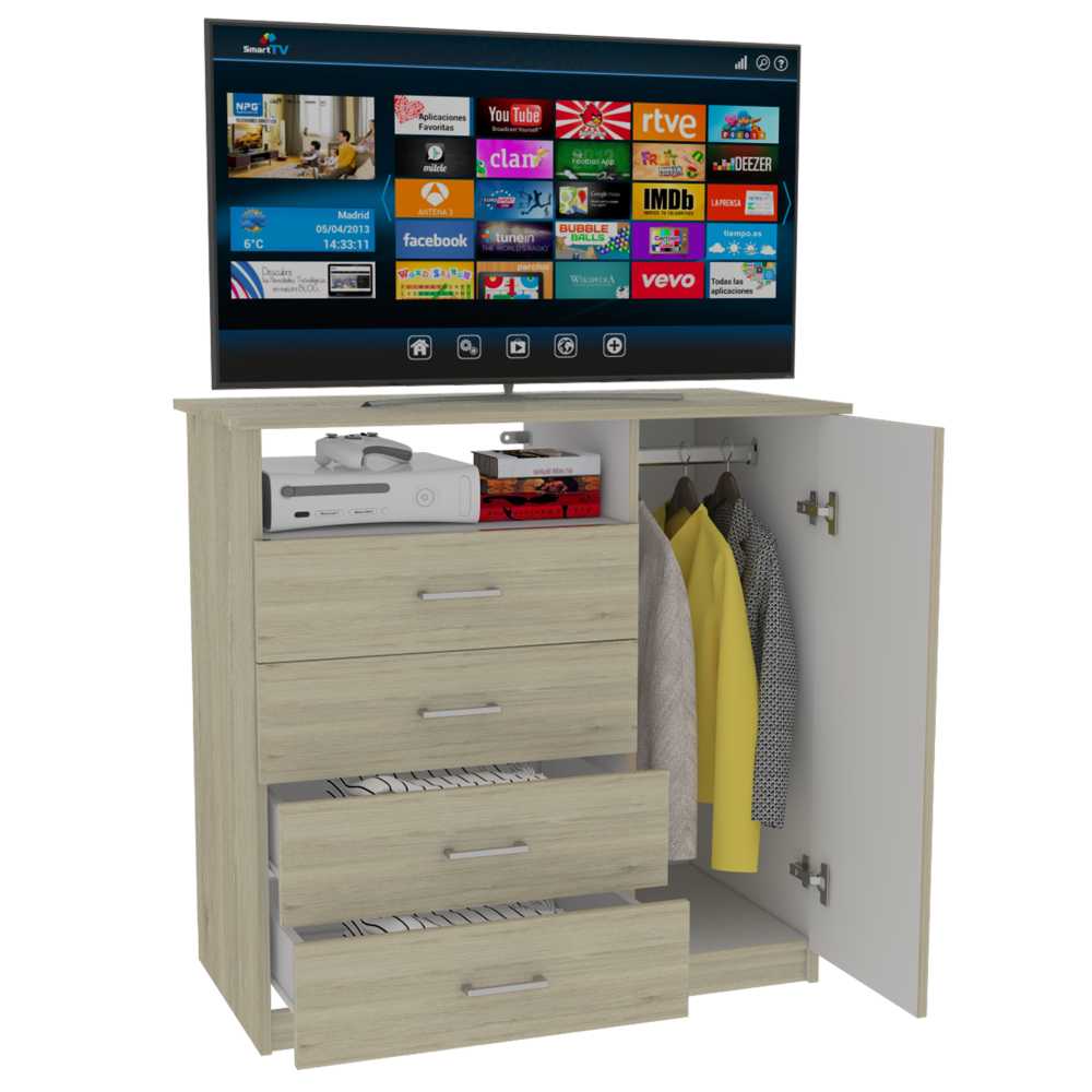 Cómoda Z 91 Rovere y Blanco 91x88.6cm De Cuatro Hileras con Cuatro Cajones y con Espacio para TV - Cajoneras | Bylmo