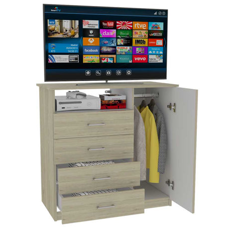 Cómoda Z 91 Rovere y Blanco 91x88.6cm De Cuatro Hileras con Cuatro Cajones y con Espacio para TV - Cajoneras | Bylmo