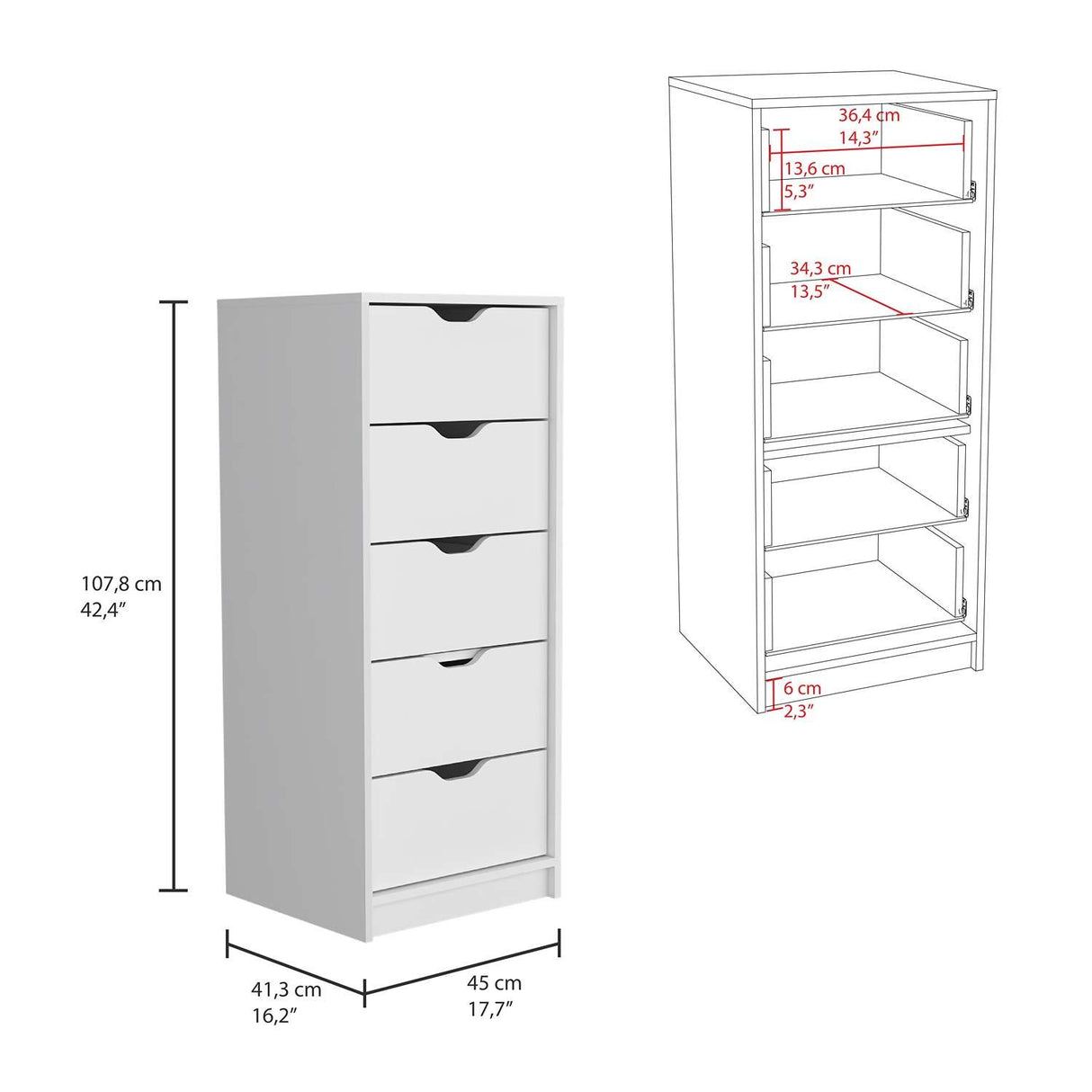 Cómoda Basilea Blanco 45x108cm De Cinco Hileras con Cinco Cajones - Cajoneras y Comodas | Bylmo
