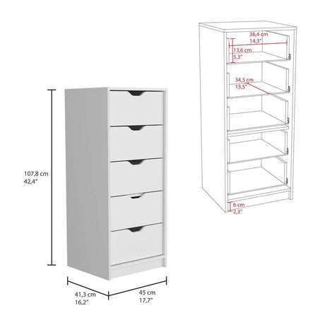 Cómoda Basilea Blanco 45x108cm De Cinco Hileras con Cinco Cajones - Cajoneras y Comodas | Bylmo