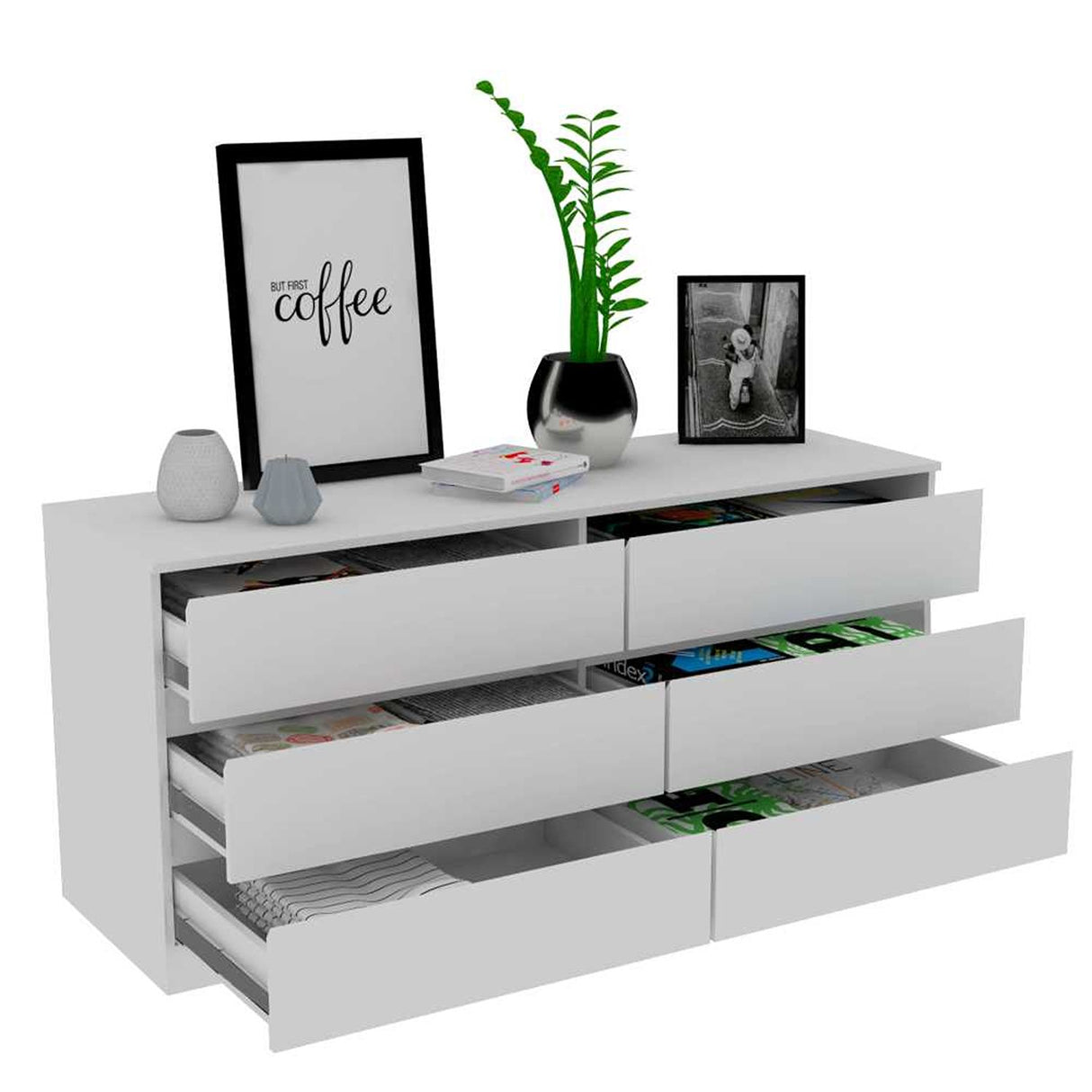 Cómoda Asteria Blanco 153.6x71.8cm De Tres Hileras con Tres Cajones - Cajoneras | Bylmo