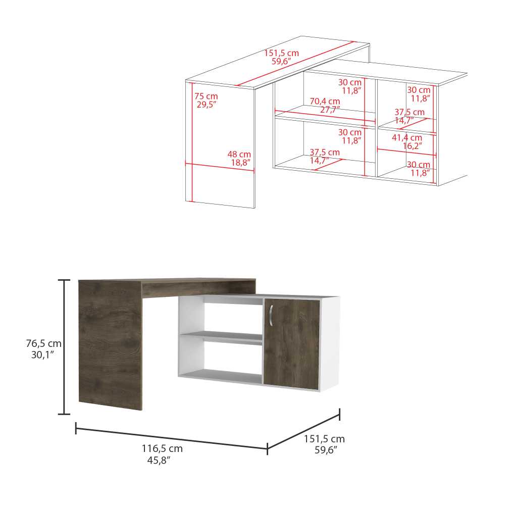Escritorio en L Axis Bellota y Blanco 151.5x76.5cm sin Cajones y con Organizador de Libros - Escritorios y Archivadores | Bylmo