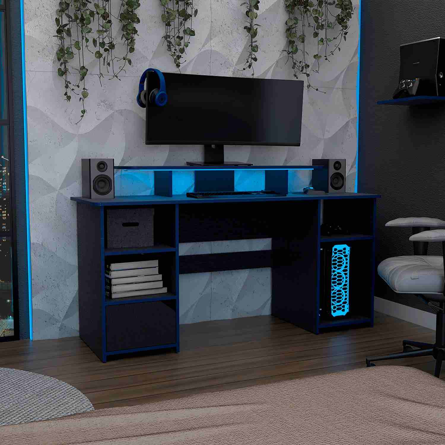 Escritorio Gamer Keria Wengue 157 cm con Entrepaño para Pantalla y Luz Led - Escritorios | Bylmo