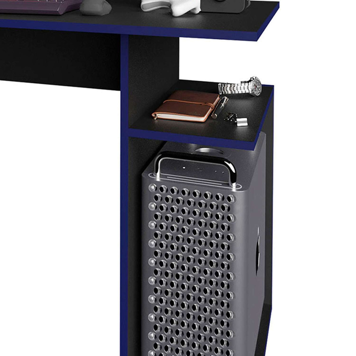 Escritorio Gamer Osaka Negro 120 cm con Bordes Azules y con Entrepaños - Escritorios | Bylmo