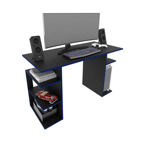 Escritorio Gamer Osaka Negro 120 cm con Bordes Azules y con Entrepaños - Escritorios | Bylmo
