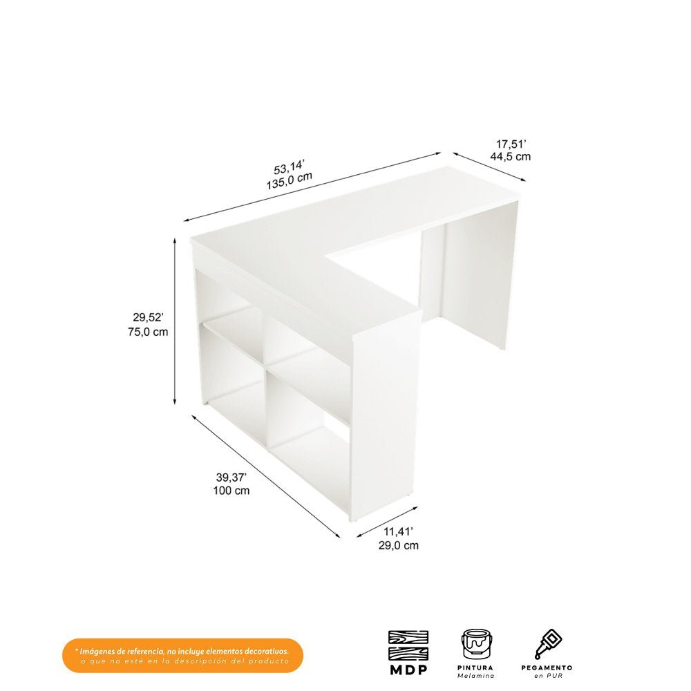 Escritorio en L light Blanco 135 cm con Biblioteca - Escritorios y Archivadores | Bylmo