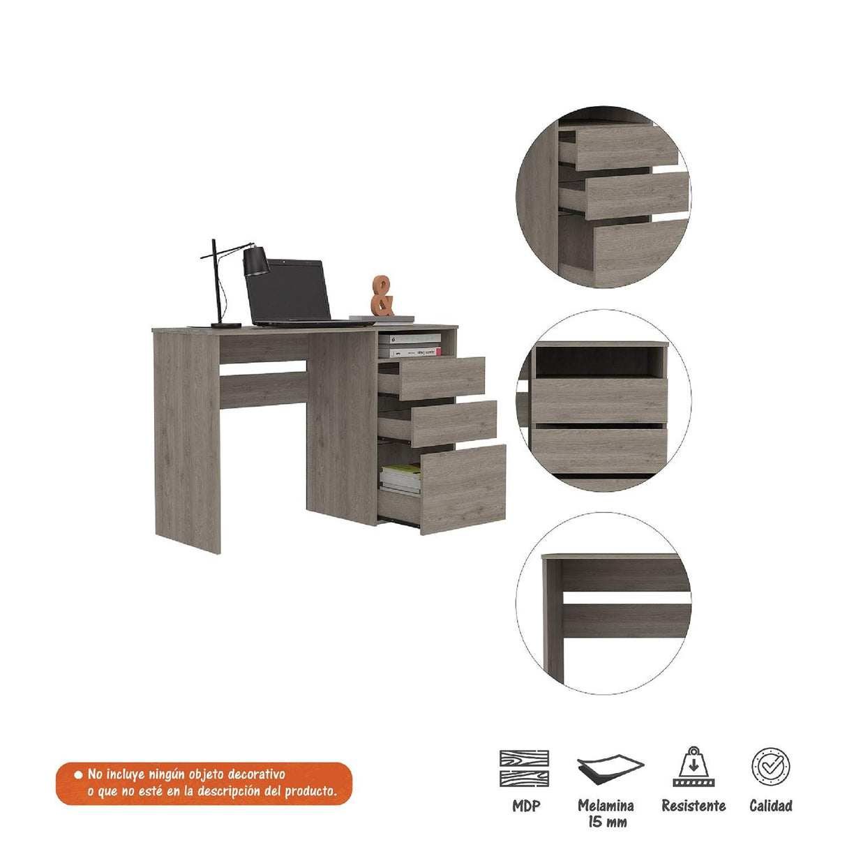 Escritorio Lucca Ceniza 121 cm x 75 cm con 1 Entrepaño, 2 Cajones y 1 Archivador Inferior - Escritorios | Bylmo