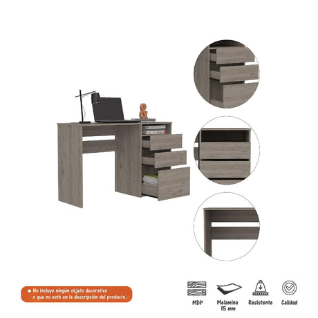 Escritorio Lucca Ceniza 121 cm x 75 cm con 1 Entrepaño, 2 Cajones y 1 Archivador Inferior - Escritorios | Bylmo