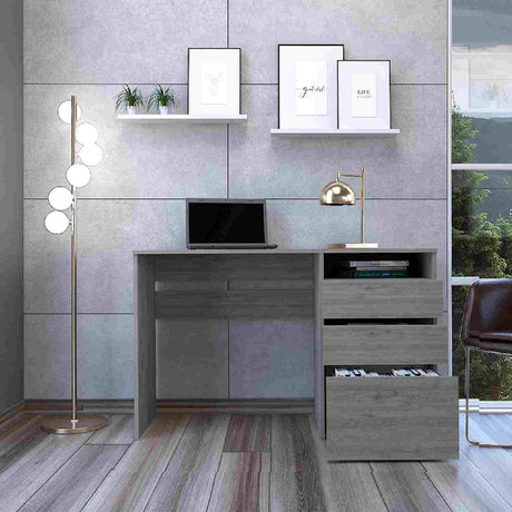 Escritorio Lucca Ceniza 121 cm x 75 cm con 1 Entrepaño, 2 Cajones y 1 Archivador Inferior - Escritorios | Bylmo