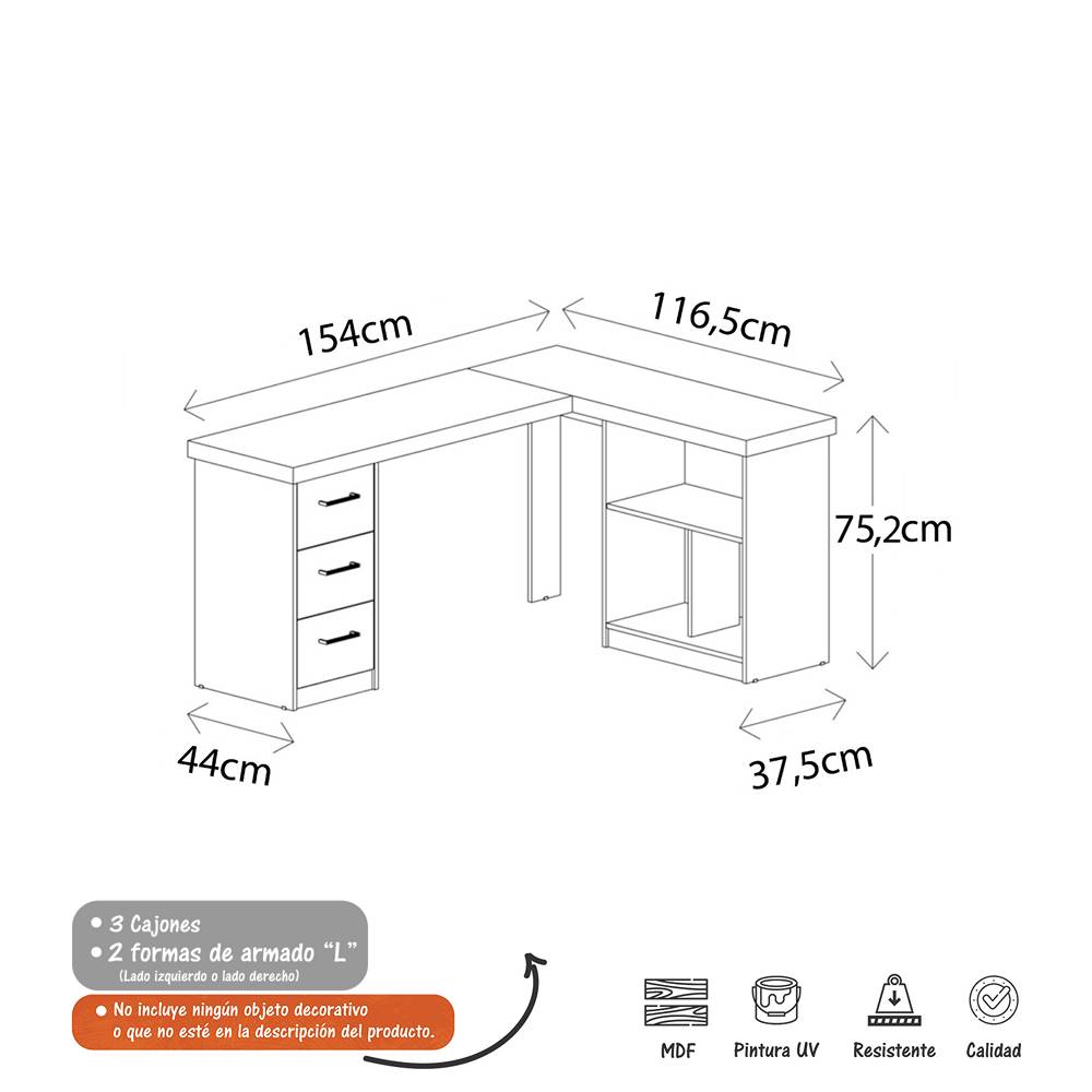 Escritorio en L Mali Avellana y Blanco 154x75cm Con Tres Cajones y con Organizador de Libros - Escritorios y Archivadores | Bylmo