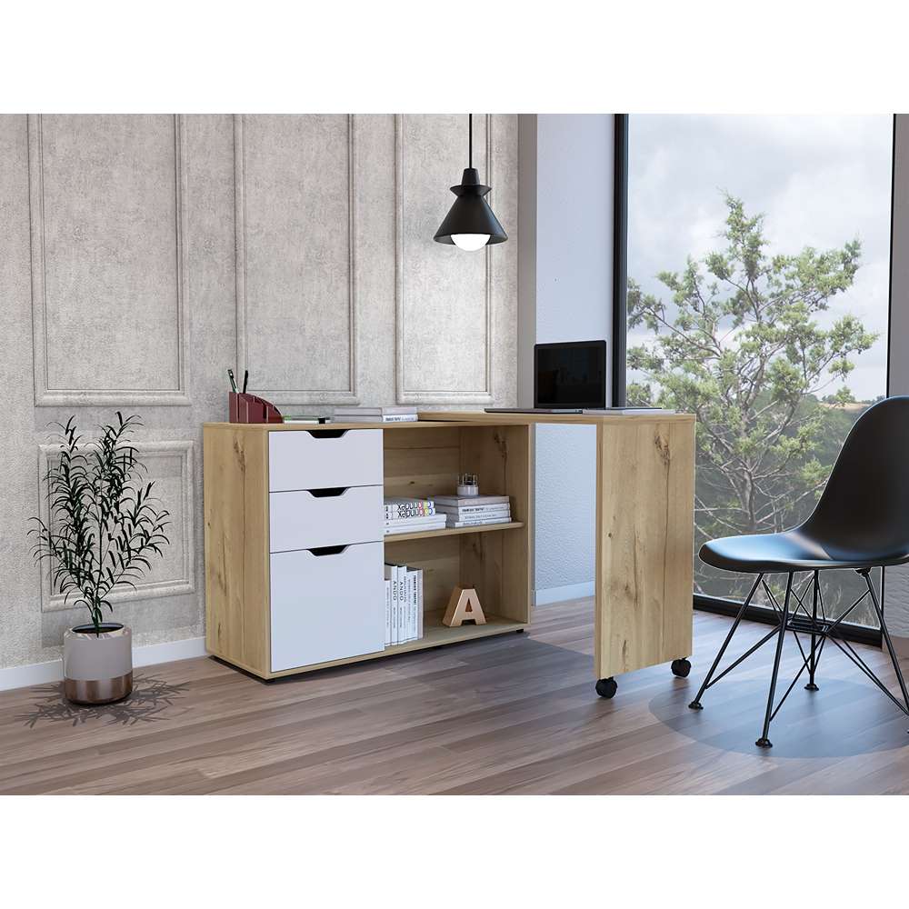 Escritorio en L Móvil Duna 112 cm con Cajones, Puerta y Entrepaños - Escritorios y Archivadores | Bylmo