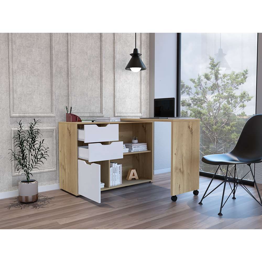 Escritorio en L Móvil Duna 112 cm con Cajones, Puerta y Entrepaños - Escritorios y Archivadores | Bylmo