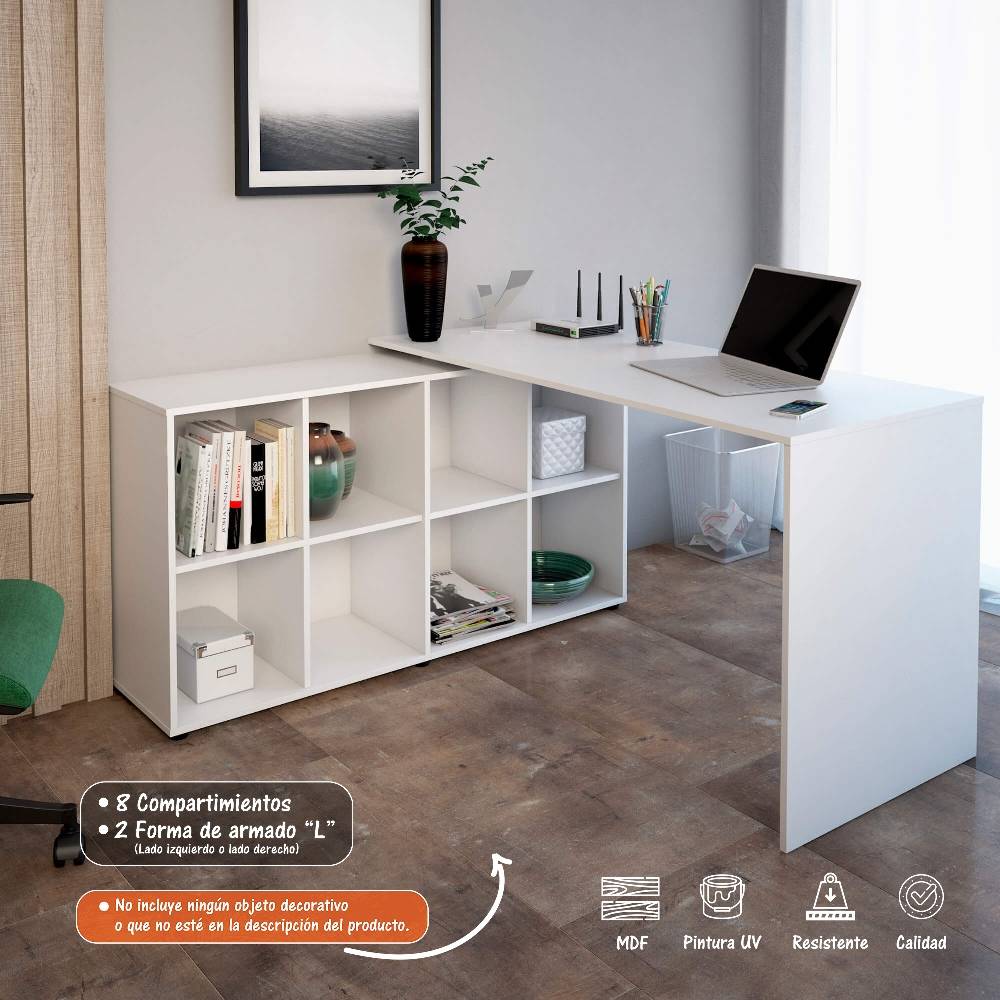 Escritorio en L Nero Blanco 140x75cm Con Tres Cajones y con Organizador de Libros - Escritorios y Archivadores | Bylmo