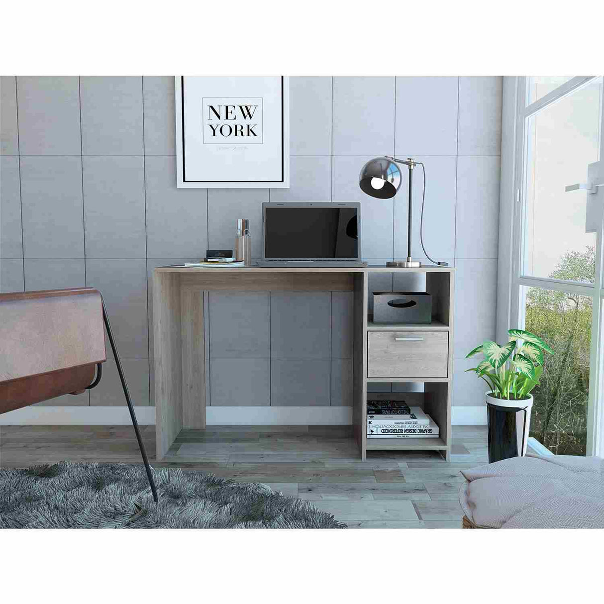 Escritorio Omma Ceniza 110 cm con Un Cajón y Dos Entrepaños - Escritorios | Bylmo