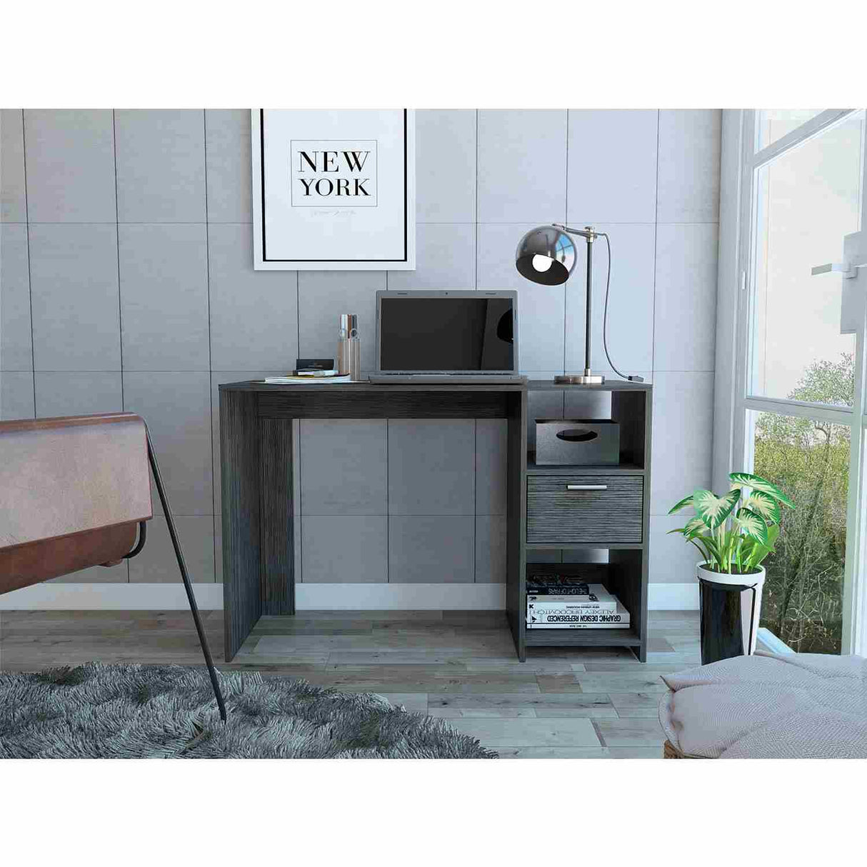 Escritorio Omma Roble Gris 110 cm con Un Cajón y Dos Entrepaños - Escritorios | Bylmo