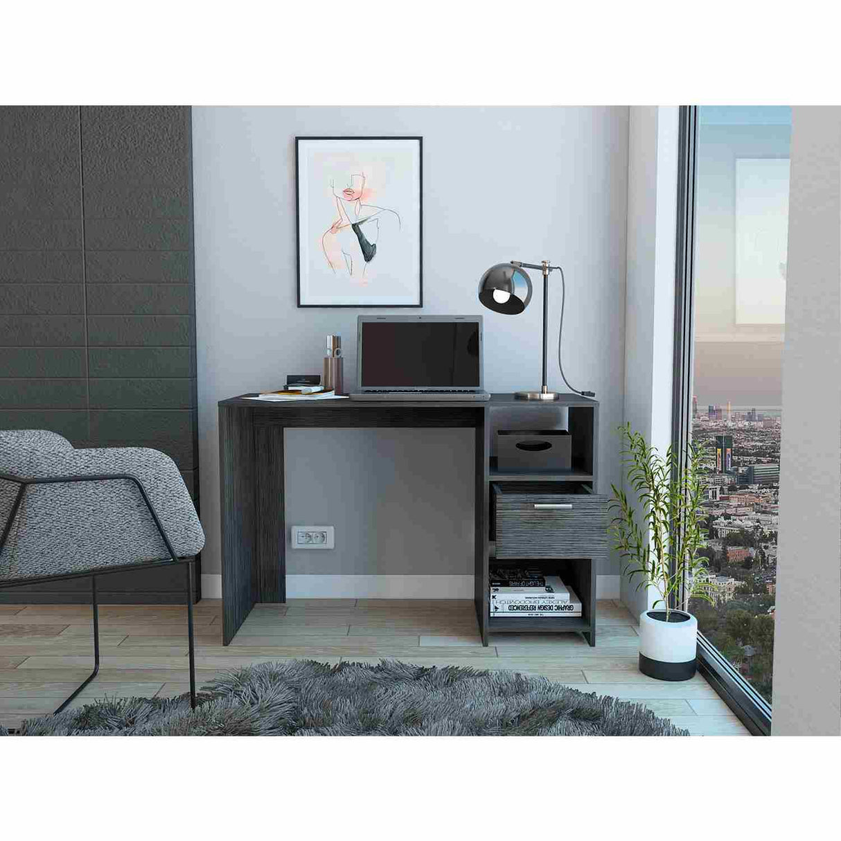 Escritorio Omma Roble Gris 110 cm con Un Cajón y Dos Entrepaños - Escritorios | Bylmo