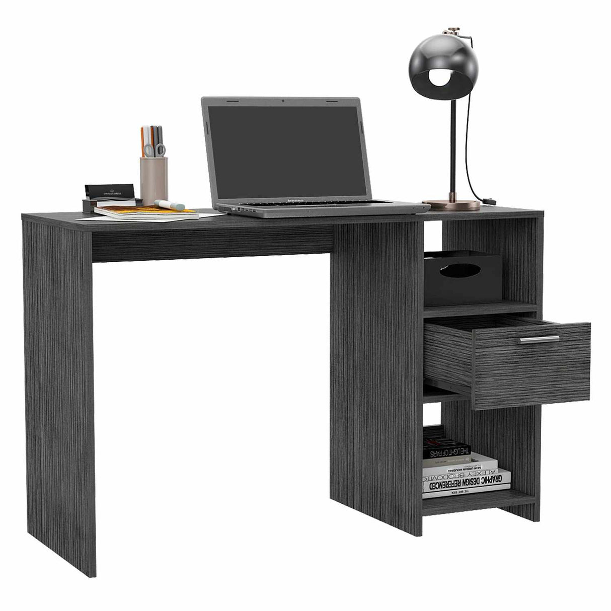 Escritorio Omma Roble Gris 110 cm con Un Cajón y Dos Entrepaños - Escritorios | Bylmo