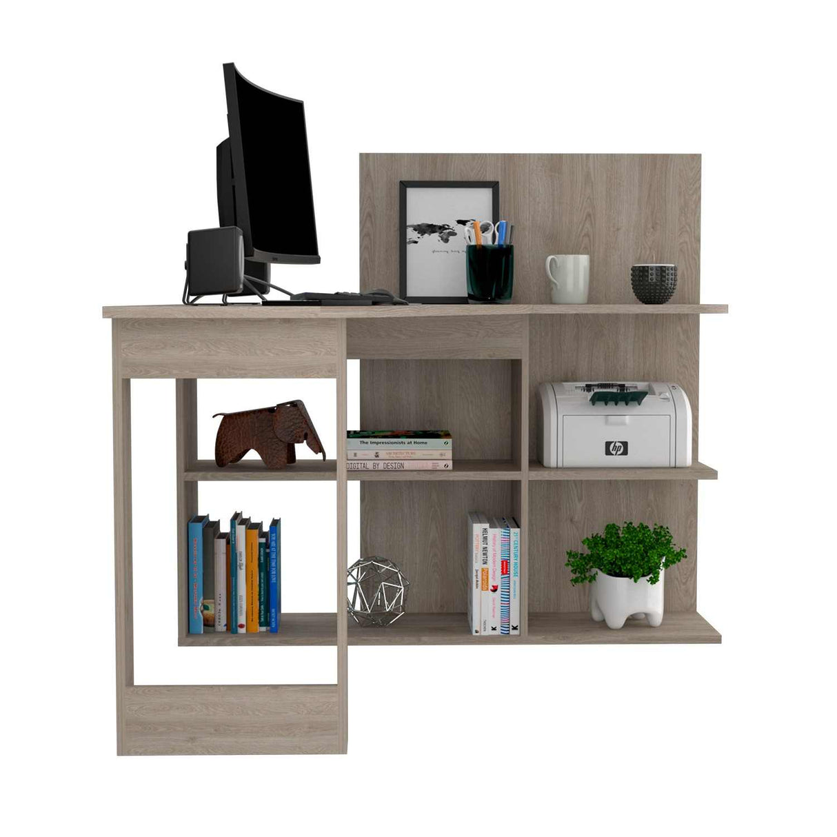 Escritorio en L Masai Ceniza 132x111cm sin Cajones y con Organizador de Libros - Escritorios | Bylmo