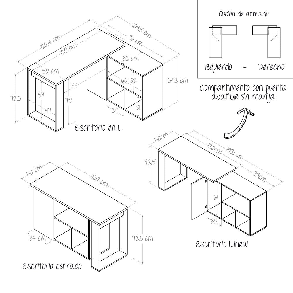 Escritorio en L Quadratta Gales 126 cm Transformable con Entrepaños - Escritorios y Archivadores | Bylmo