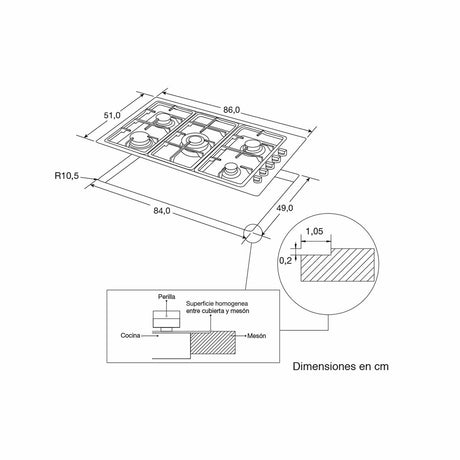 Estufa de Empotrar Challenger Acero 86x51cm de Cinco Quemadores - Electrodomesticos | Bylmo