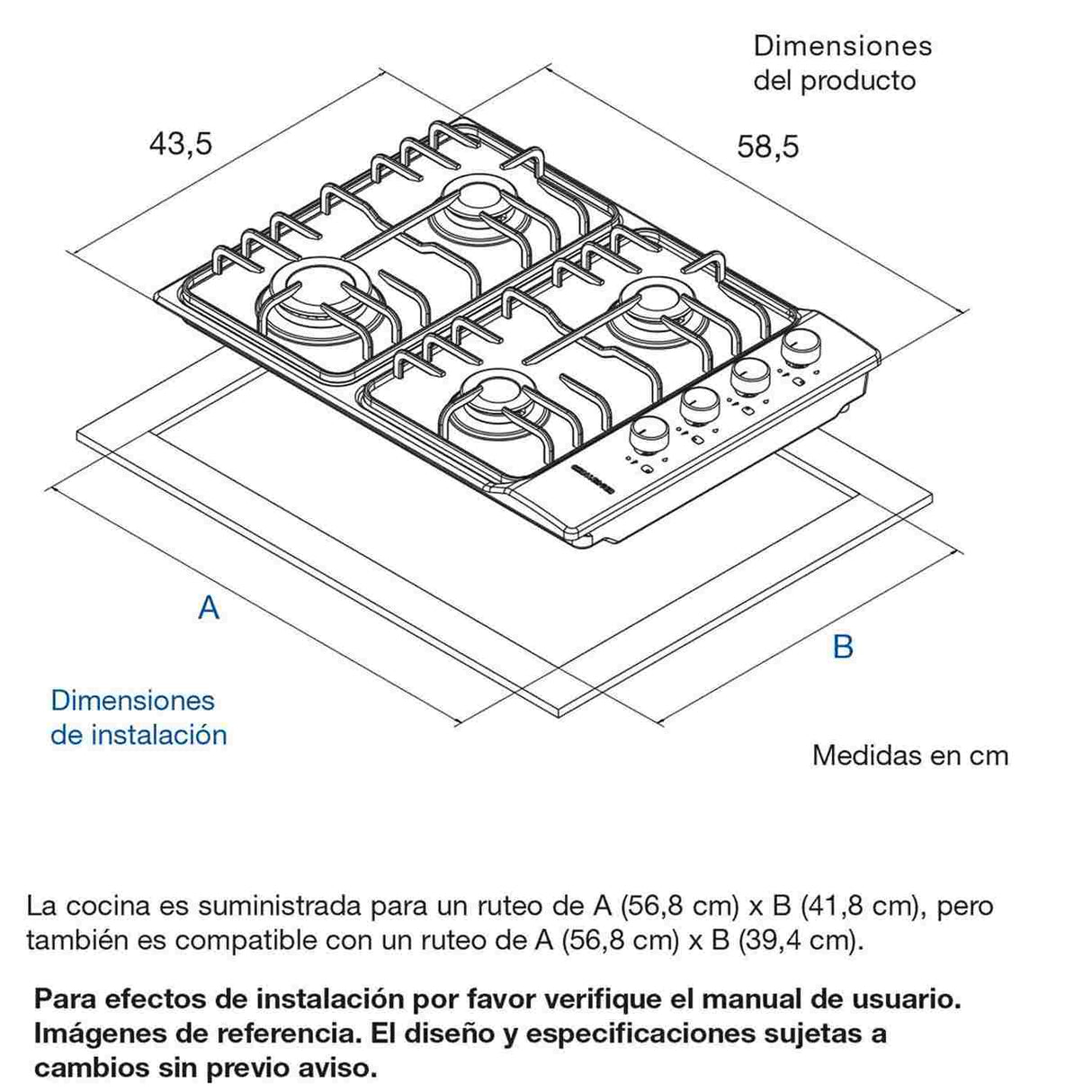 Estufa de Empotrar Challenger Acero 44x59cm de Cuatro Quemadores - Electrodomesticos | Bylmo