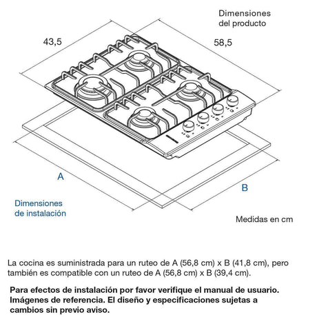 Estufa de Empotrar Challenger Acero 44x59cm de Cuatro Quemadores - Electrodomesticos | Bylmo