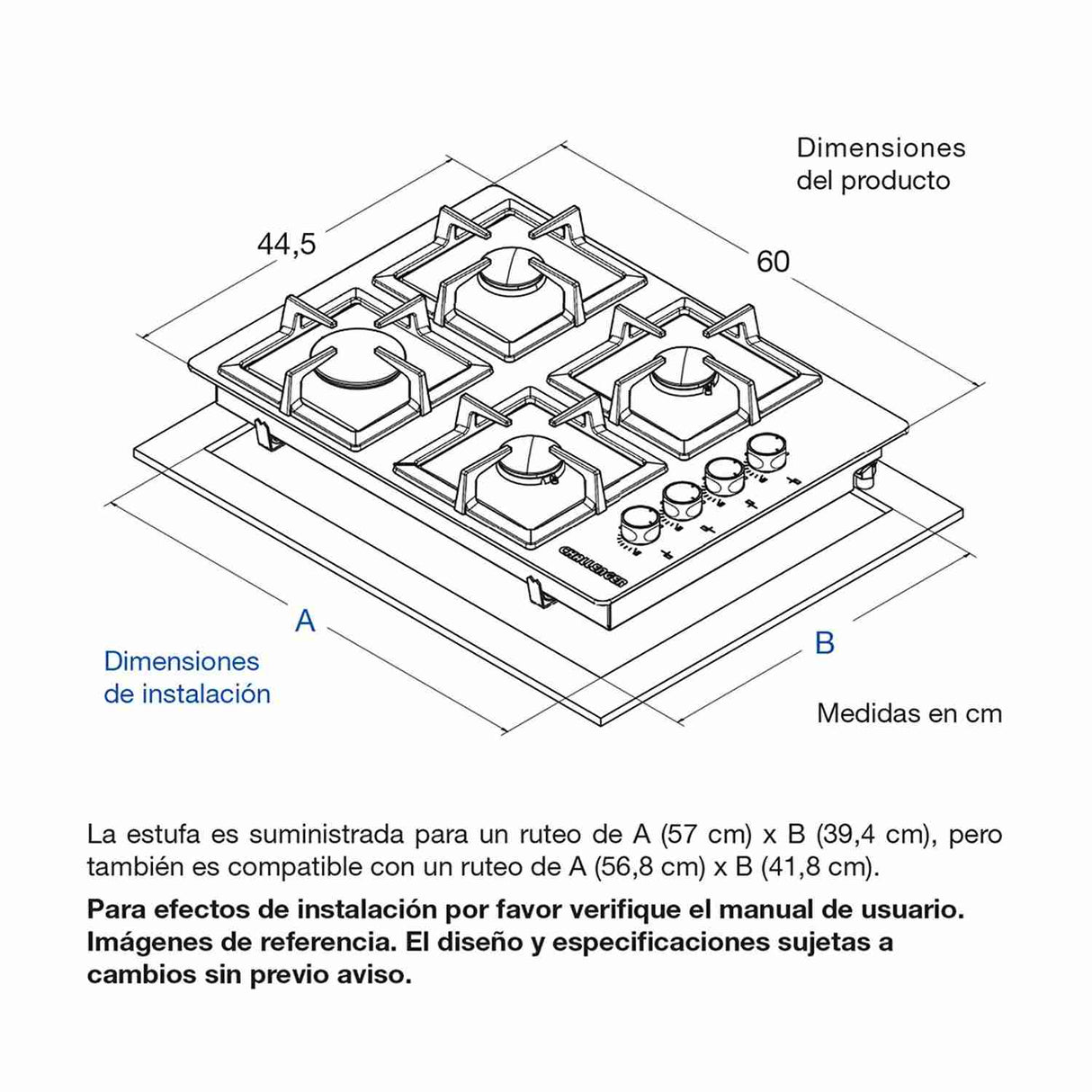 Estufa de Empotrar Challenger Negro 60x45cm de Cuatro Quemadores - Electrodomesticos | Bylmo