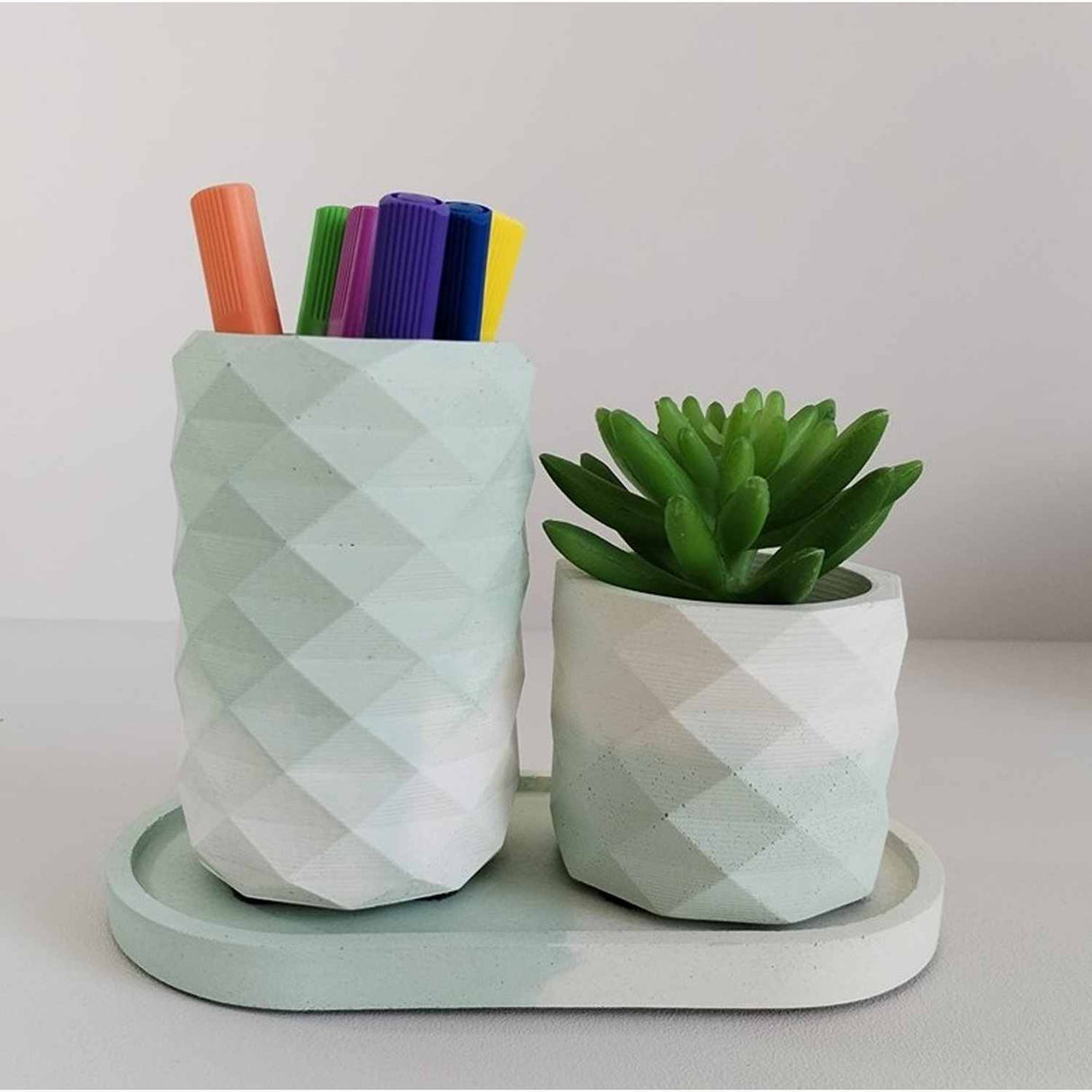 Combo Vaso Porta Cepillos DecoBath Blanco y Menta 18 cm con Maceta y Bandeja - Muebles para Baño | Bylmo